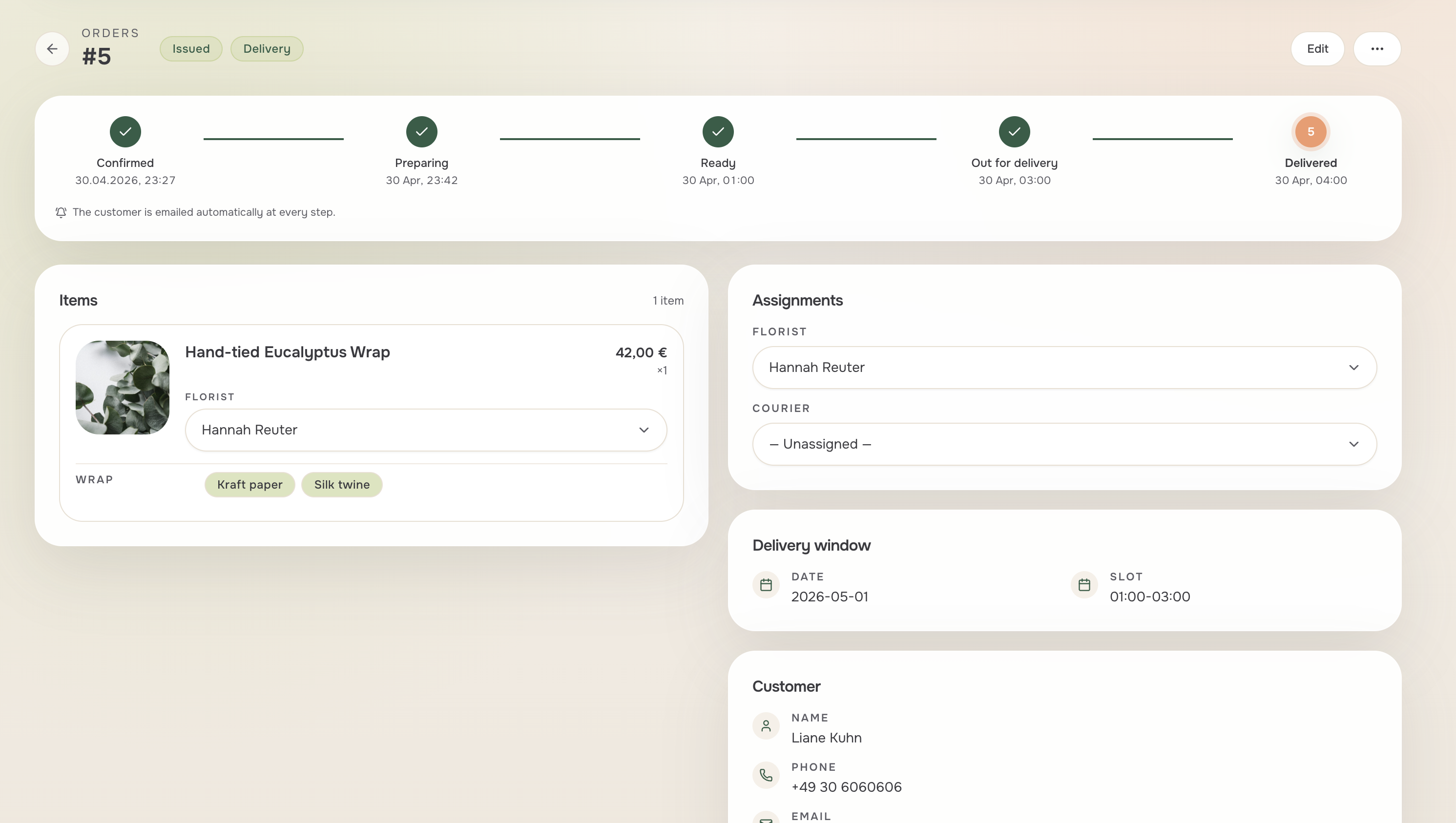 Floraboard flower shop orders dashboard showing the daily order pipeline